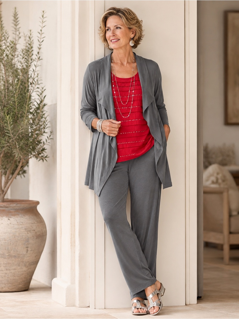 Chico's Travelers Wardrobe Set 3 Pc Jacket, Top, Pants Steel Cross Dye Gray XL 3